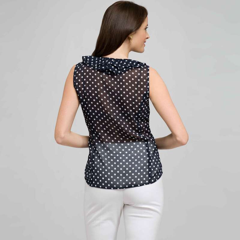 Polka Dot Ruffle Sleeveless Blouse, swiss navy & white, large image number 1